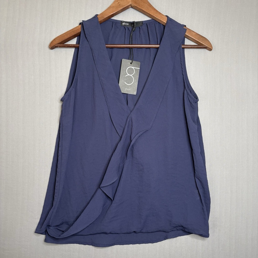Gibson Navy Cross Front Ruffle Tank Top Womens PM Petite Medium Office Corpcore
